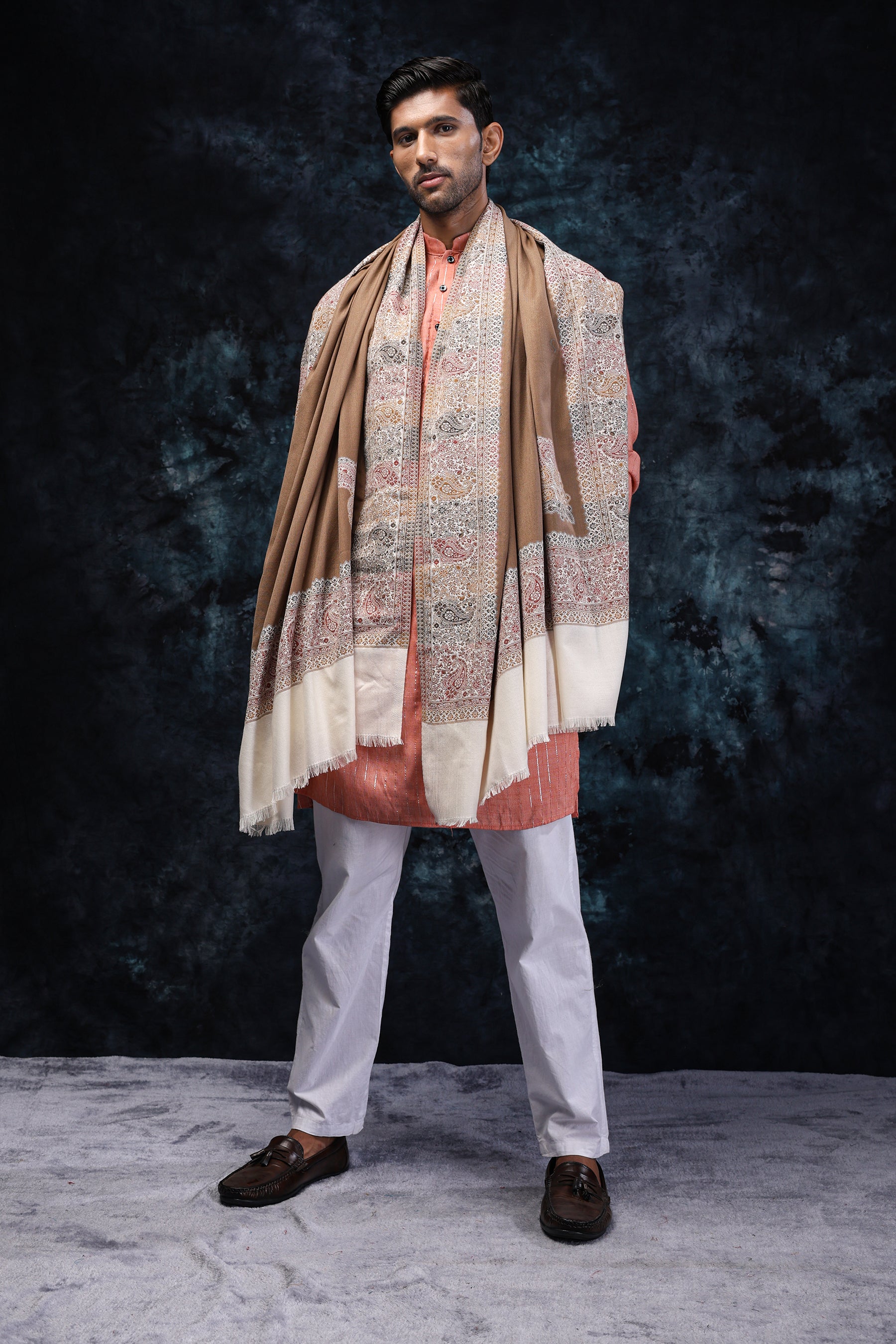 Cream And Brown Shawl with multicolor paisley borders